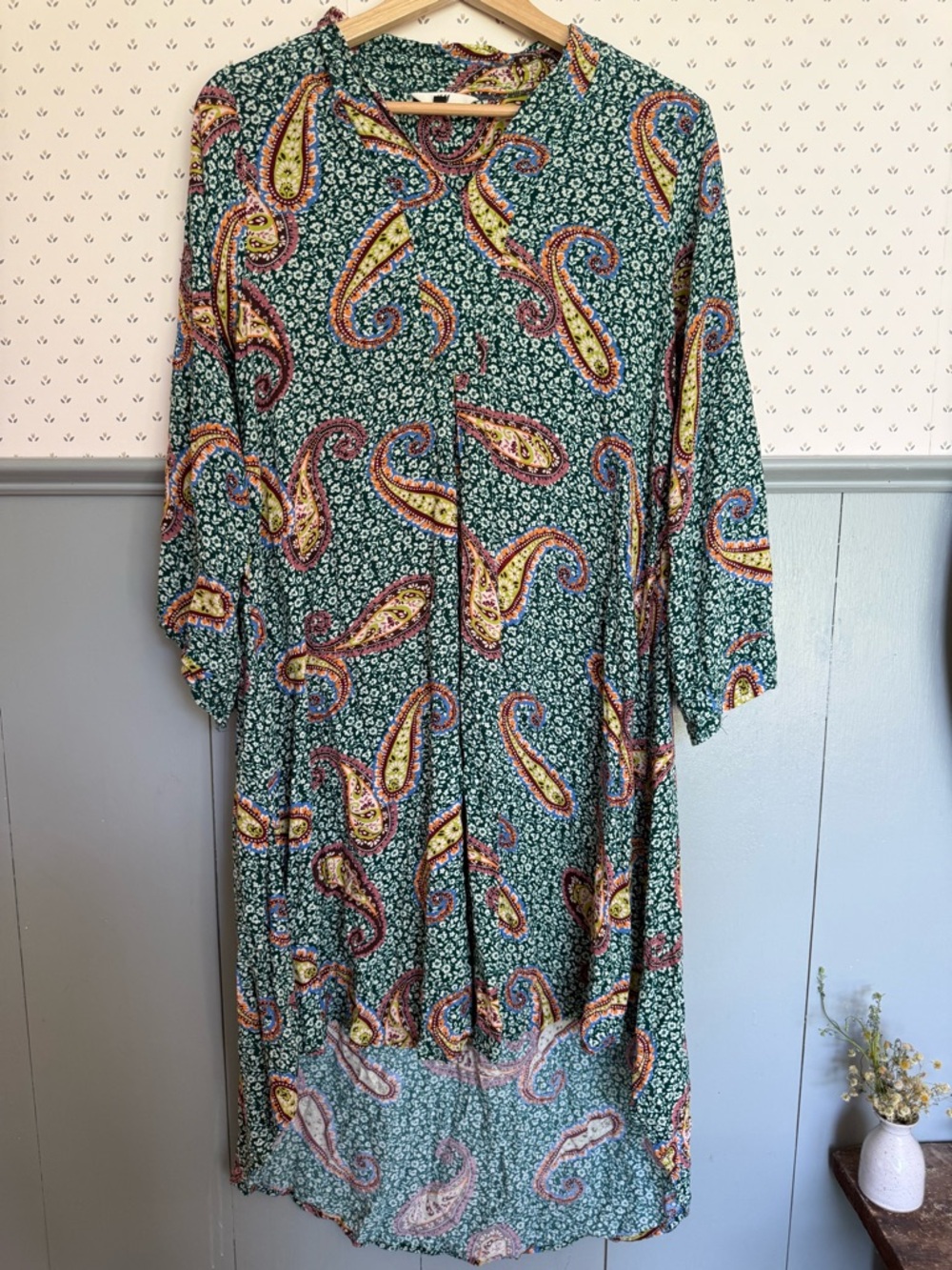 H&M Teal Green Paisley Long-Sleeve Midi Dress